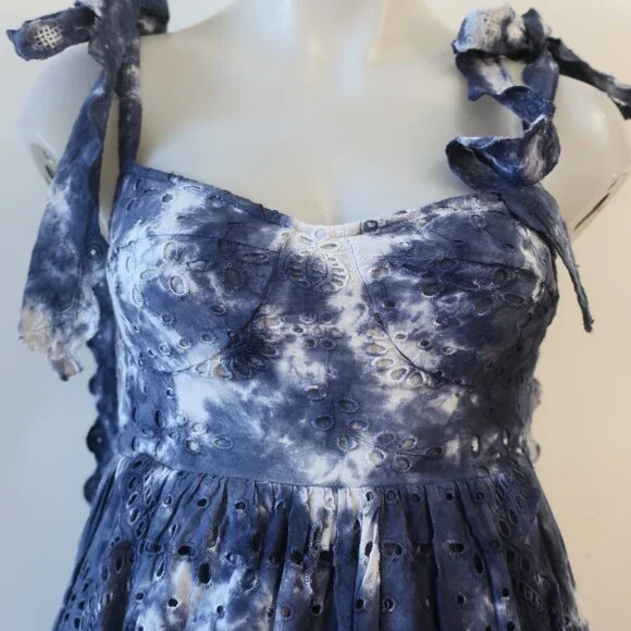 Womens LoveShackFancy Navy Blue White Tie Dye Eyelet Shoulder Ties Midi Dress 0 - Picture 7 of 15